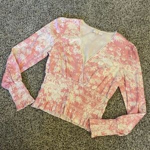 Wayf Smocked V Neck Top Pink White Small